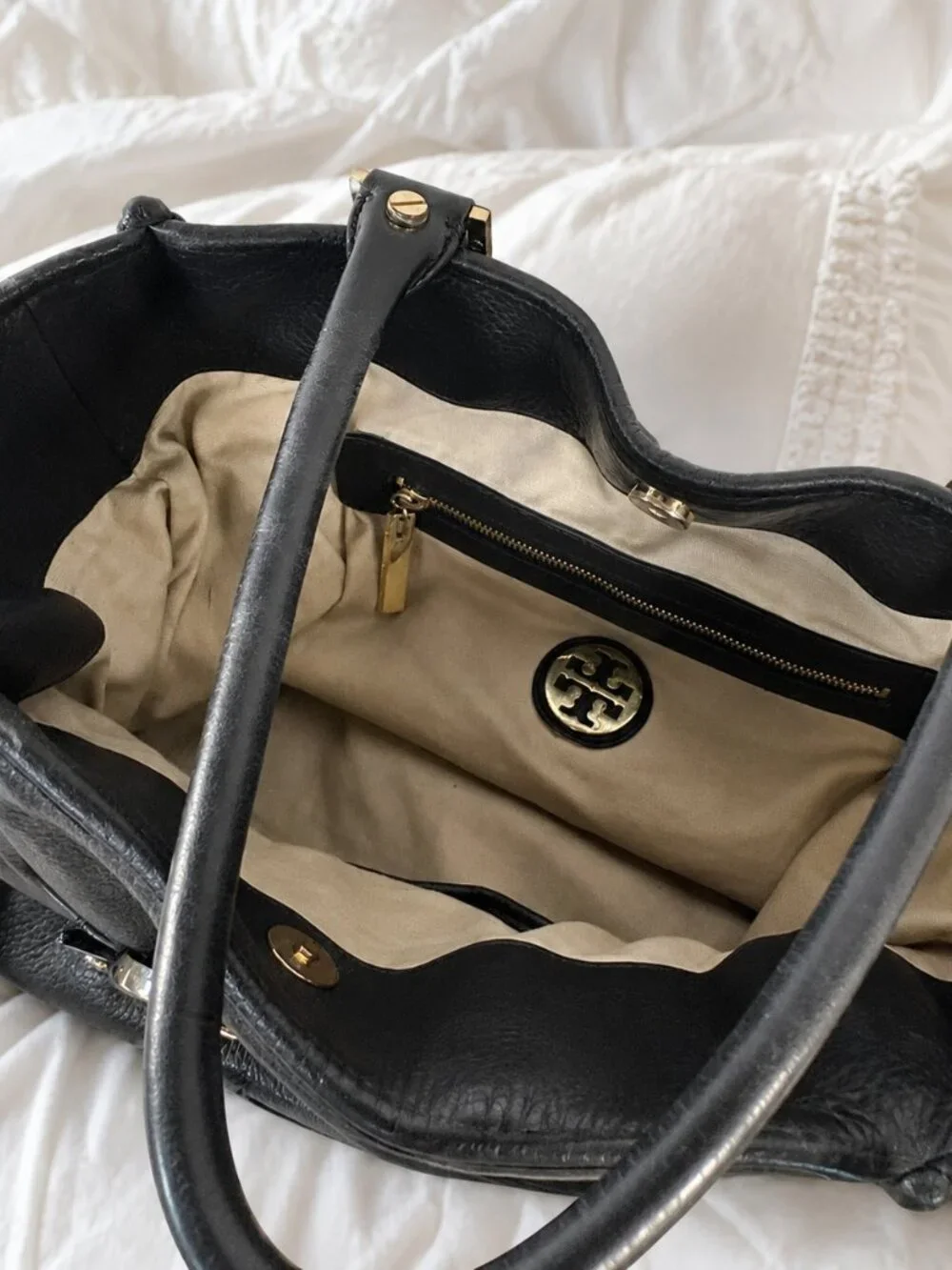 Tory Burch Amanda Black Pebbled Leather Satchel Tote Shoulder Bag
